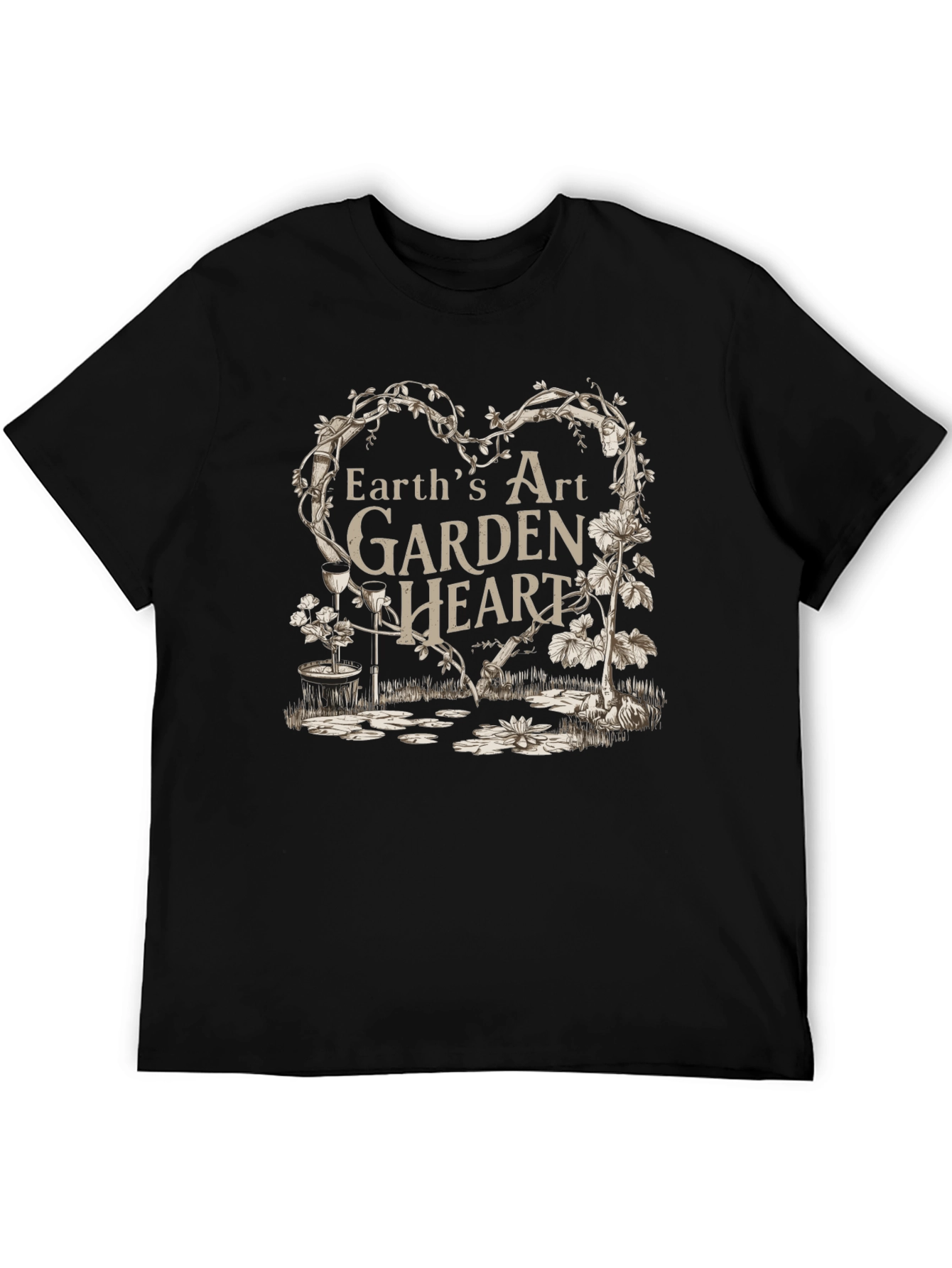 Earths Art Garden Heart Black T-Shirt