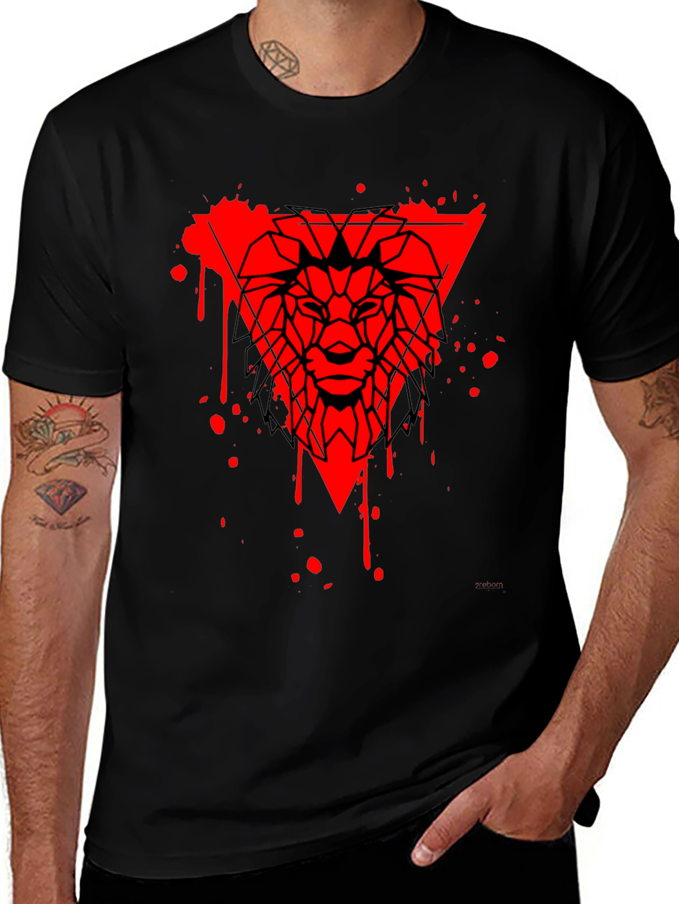 Geometric Lion Head Graphic Tee - Black