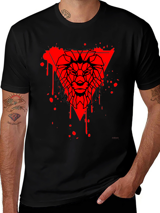 Geometric Lion Head Graphic Tee - Black