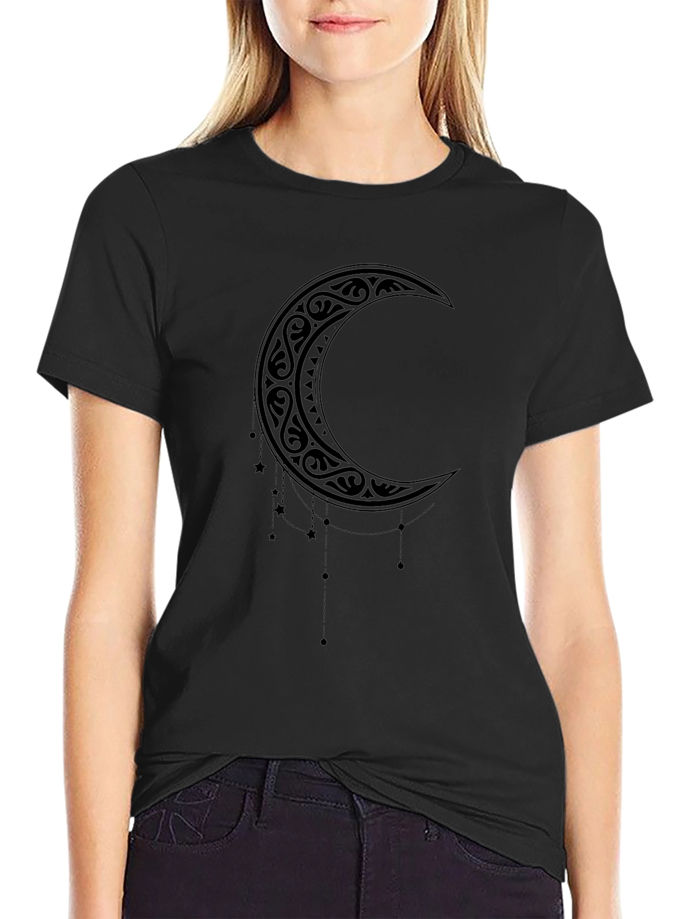 Tribal Crescent Moon Graphic Tee - Black