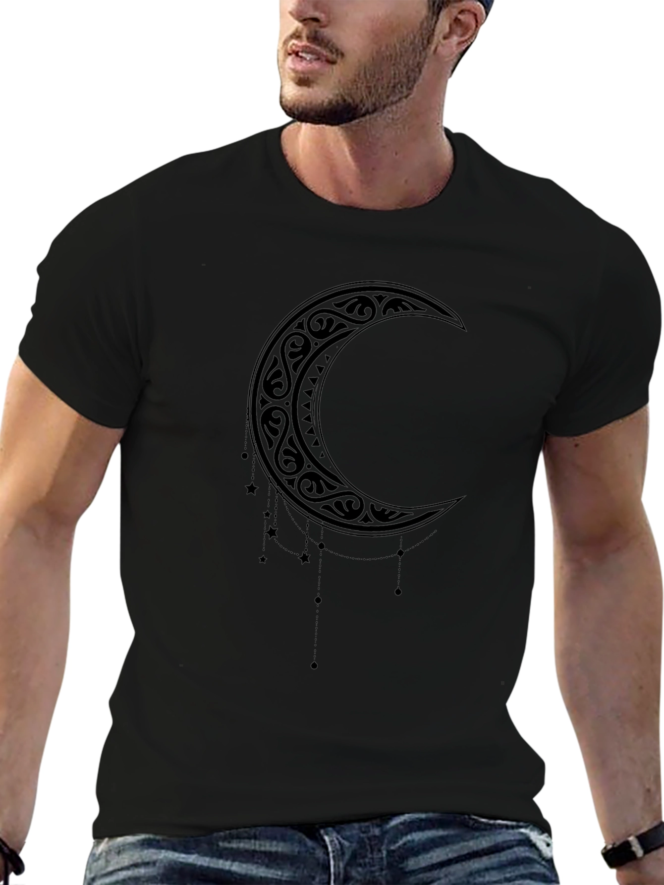 Tribal Crescent Moon Graphic Tee - Black