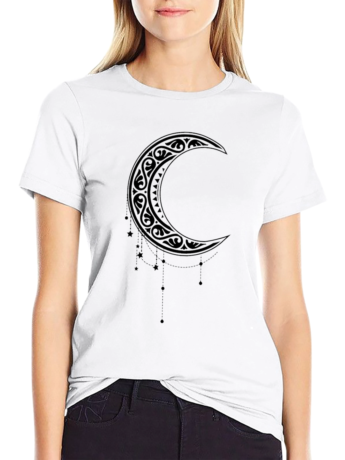 Tribal Crescent Moon Graphic Tee - Black
